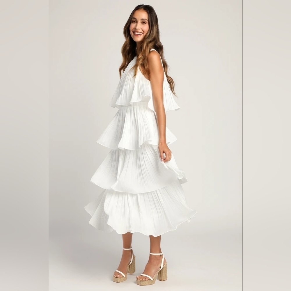 Lulus Tier and Far White Tiered Pleated Halter Midi Dress S Wedding Party Bridal - Picture 3 of 12